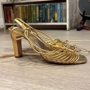 Loeffler Randall Hallie Strappy Ankle Wrap Sandals Metallic Gold Leather Square